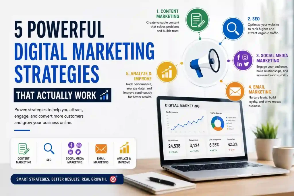 5 powerful digital marketing strategies infographic by the best digital marketing strategist in Kannur.