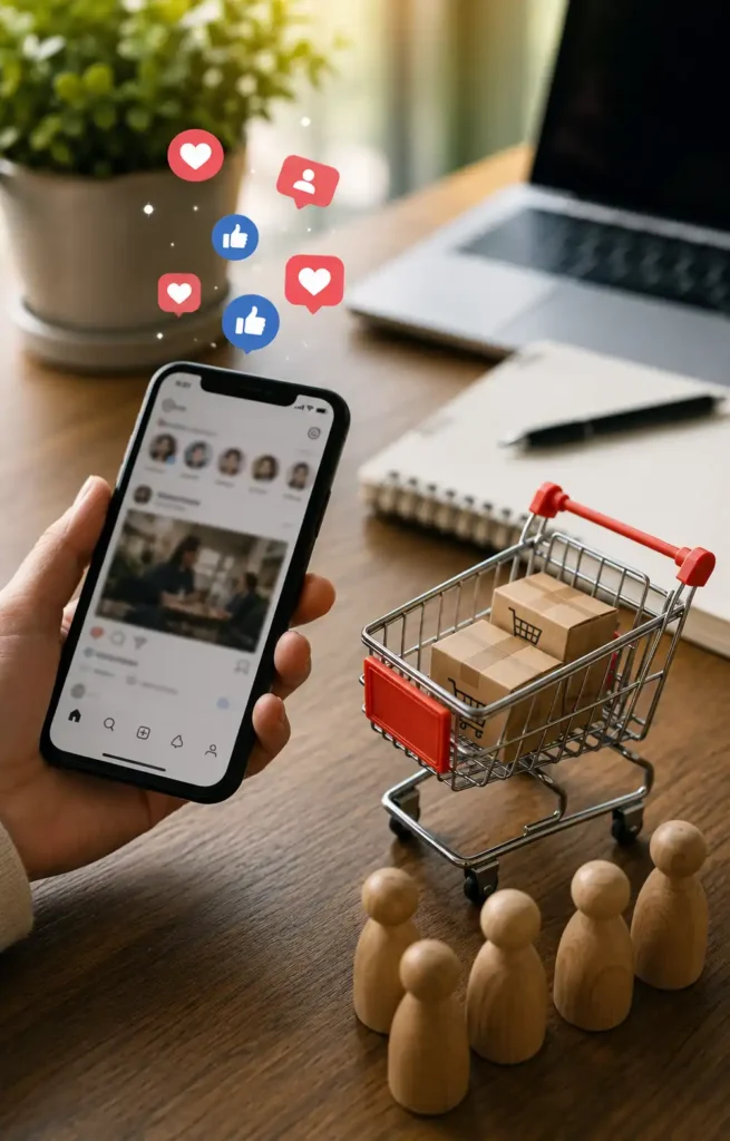 Person holding a smartphone displaying a social media feed beside a miniature shopping cart, illustrating social media marketing and customer engagement.