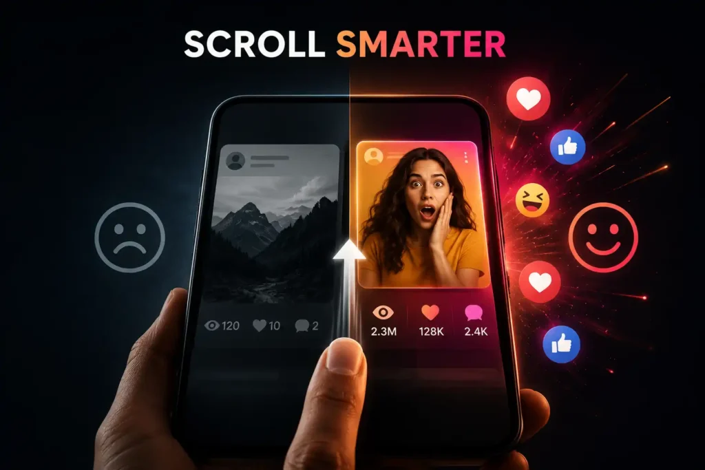 Minimal illustration of a smartphone comparing low-engagement and high-engagement social media content, highlighting the psychology of scrolling and user attention.