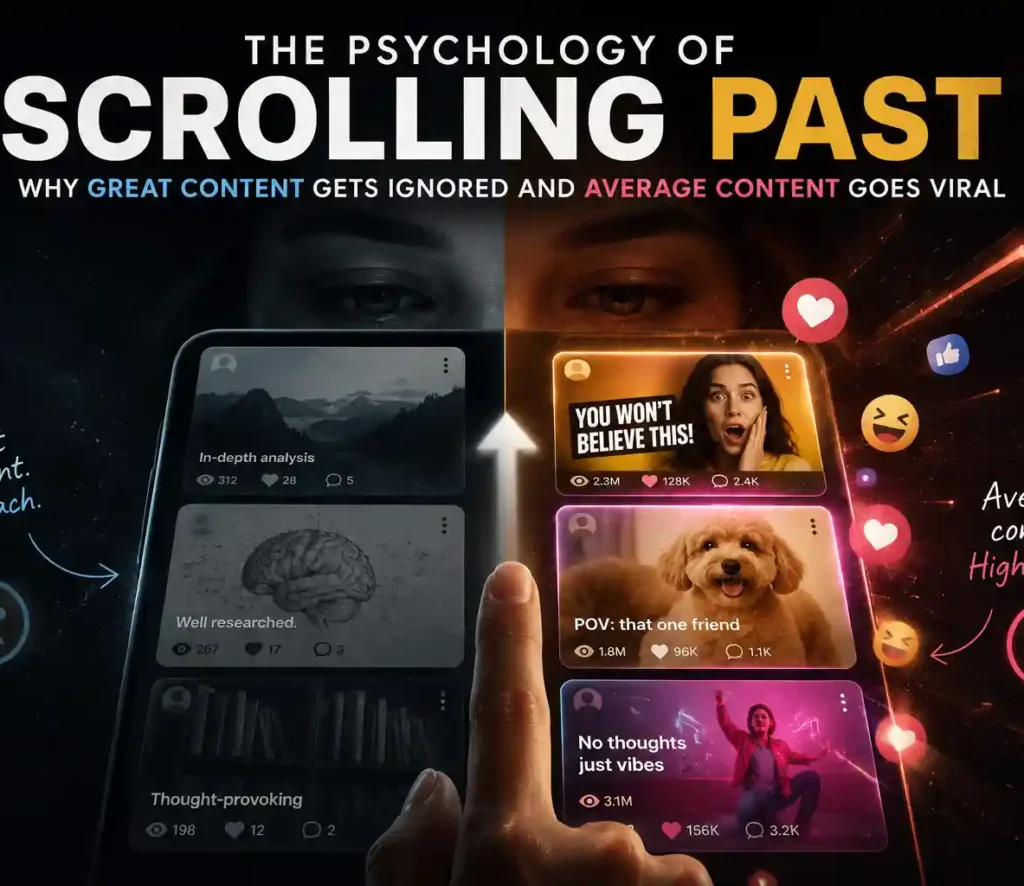 Illustration comparing high-quality and viral social media content, explaining the psychology of scrolling by the best digital marketing strategist in Kannur.