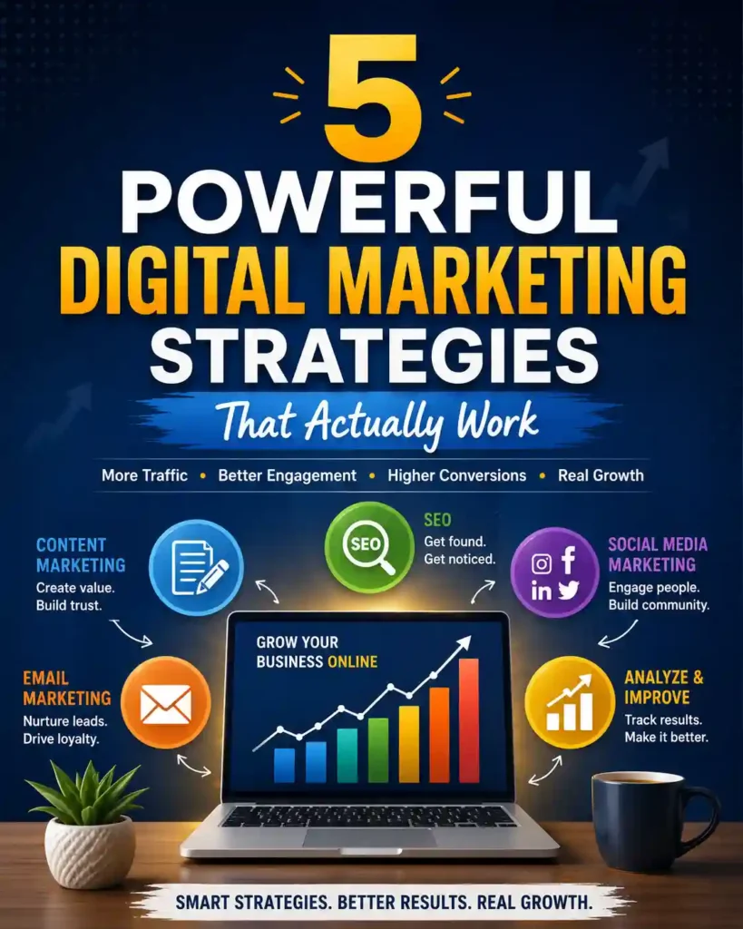 Infographic highlighting five powerful digital marketing strategies, including SEO, social media, email marketing, content marketing, and analytics by the best digital marketing strategist in Kannur.