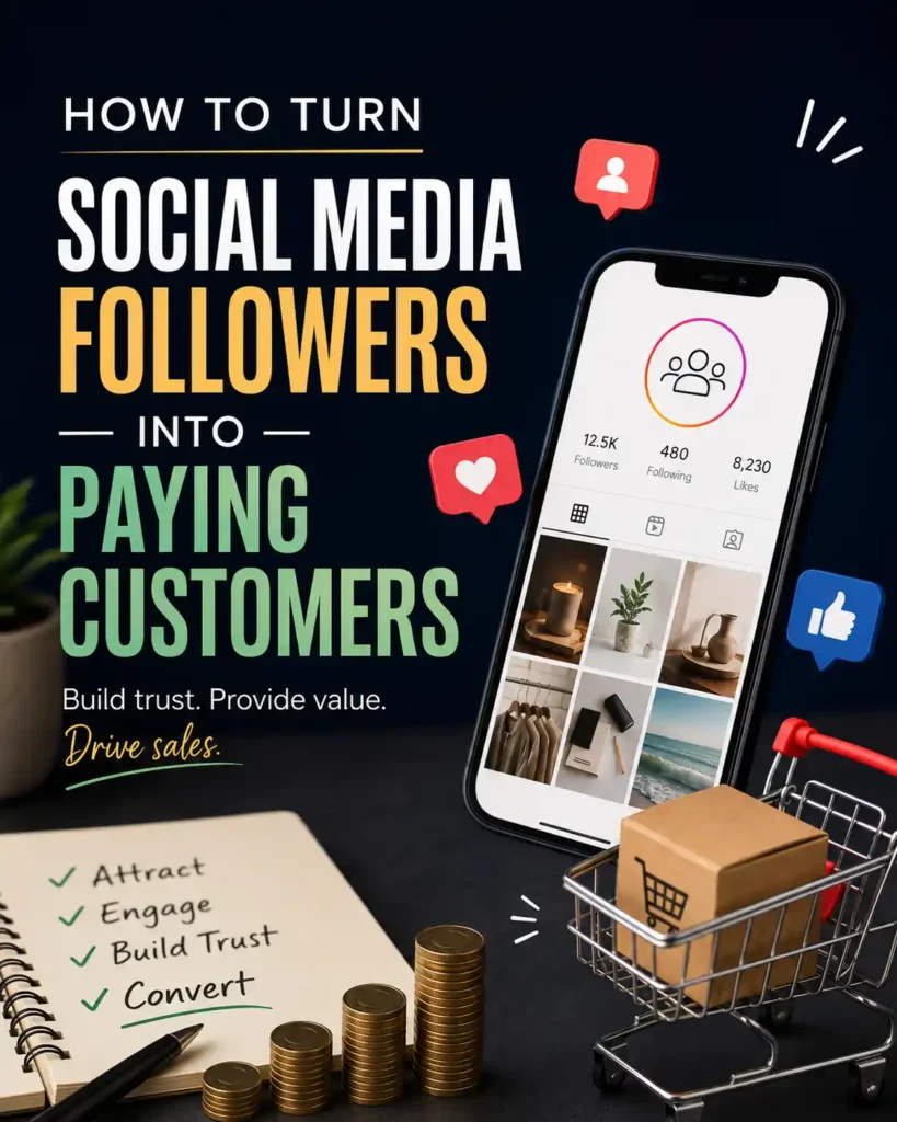 Social media marketing illustration showing a smartphone, shopping cart, engagement icons, and strategies to convert followers into customers by the best digital marketing strategist in Kannur.