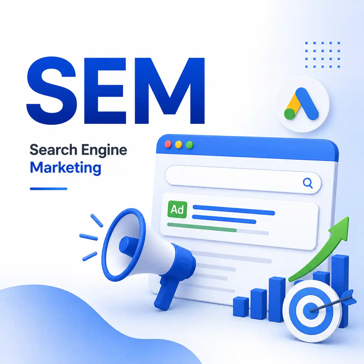 Search engine marketing illustration featuring Google Ads, search results, megaphone, and performance analytics by the best digital marketing strategist in Kannur.