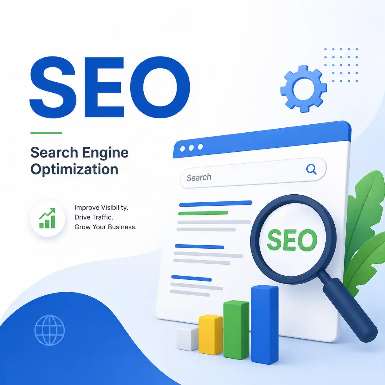 SEO illustration featuring a search engine interface, magnifying glass, analytics chart, and optimization tools by the best digital marketing strategist in Kannur.
