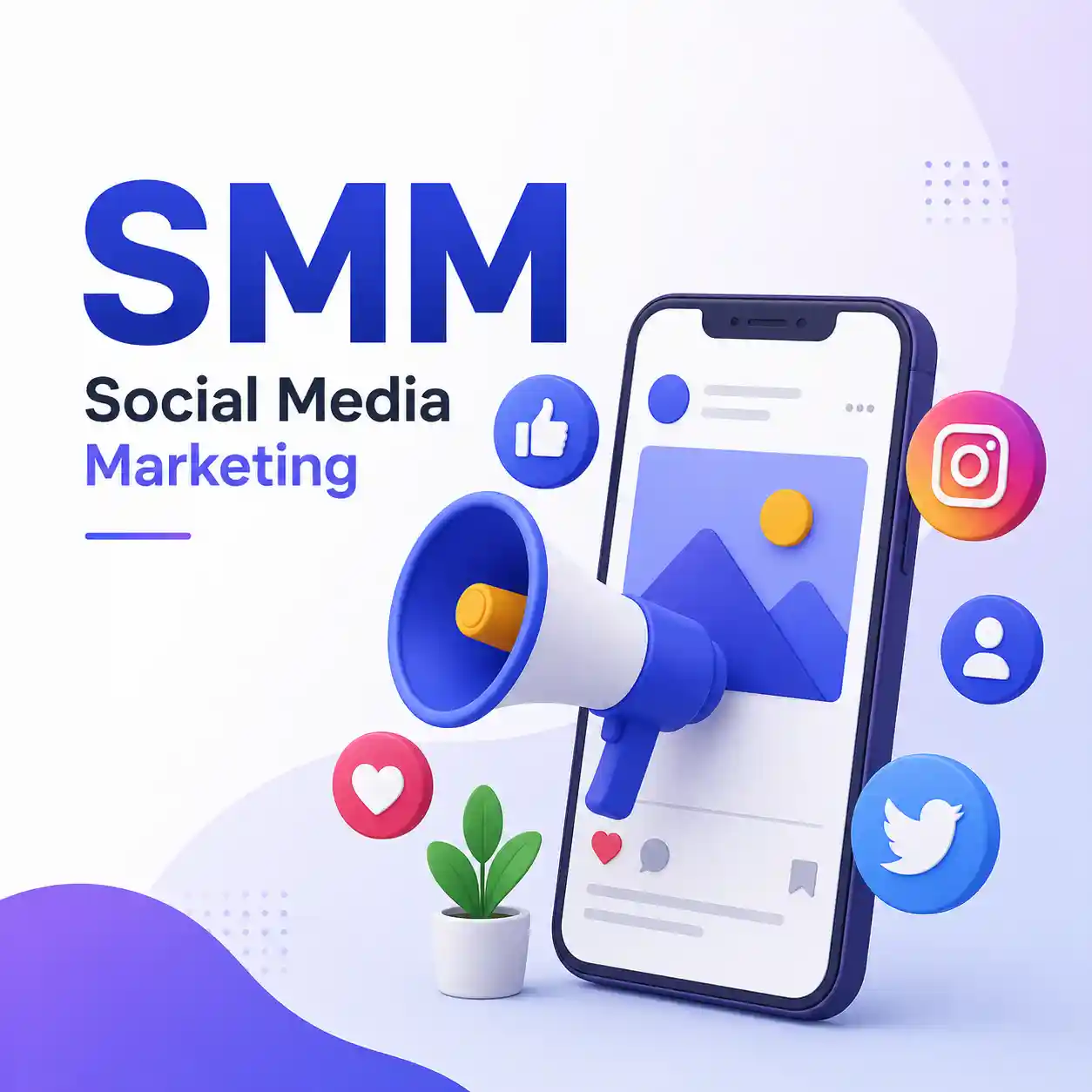 Social media marketing illustration featuring a smartphone, megaphone, social media icons, and engagement symbols by the best digital marketing strategist in Kannur.